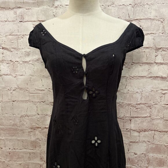Commense Black Semi-Sheer Cotton Eyelet Keyhole Midi Dress Size Small NEW - Picture 2 of 5